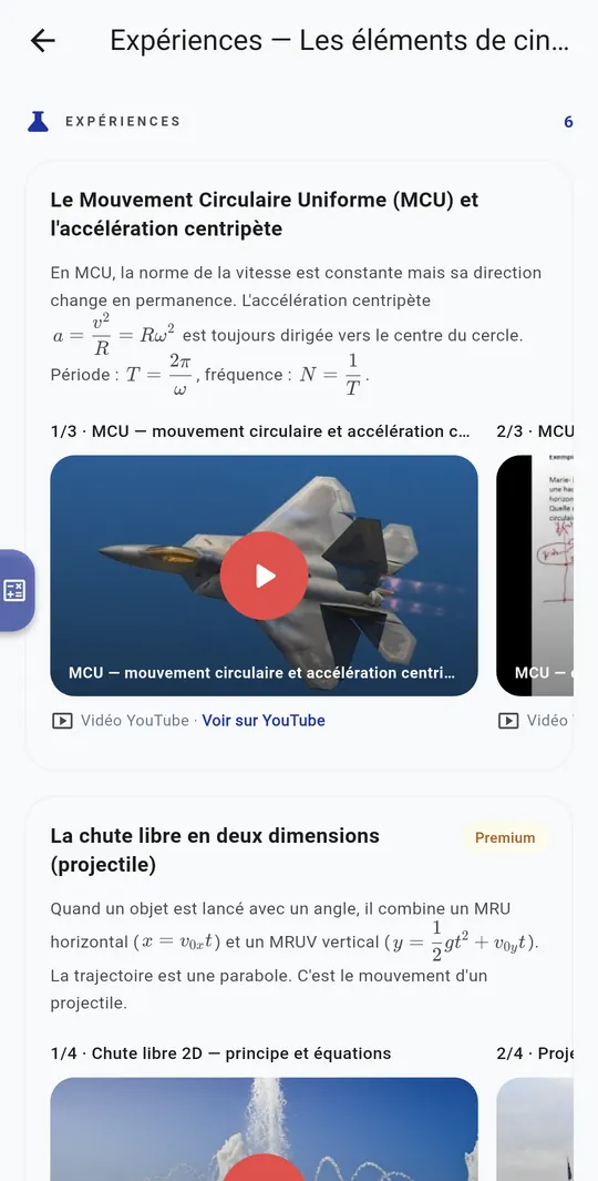 Écran Expériences d'OptiScol Élève : le mouvement circulaire uniforme, ses formules et trois vidéos